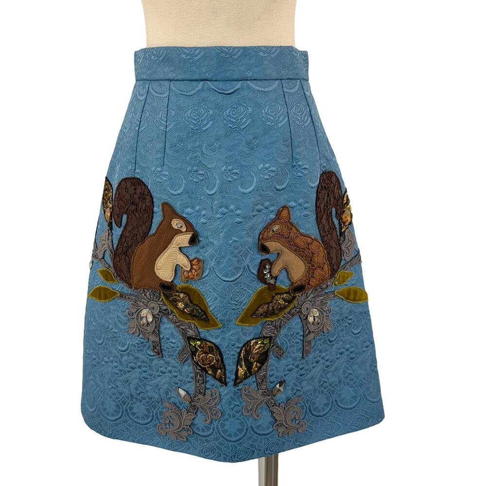 Dolce and Gabbana Runway Jacquard Skirt Squirrel Embellishment Blue 40 (US 4)